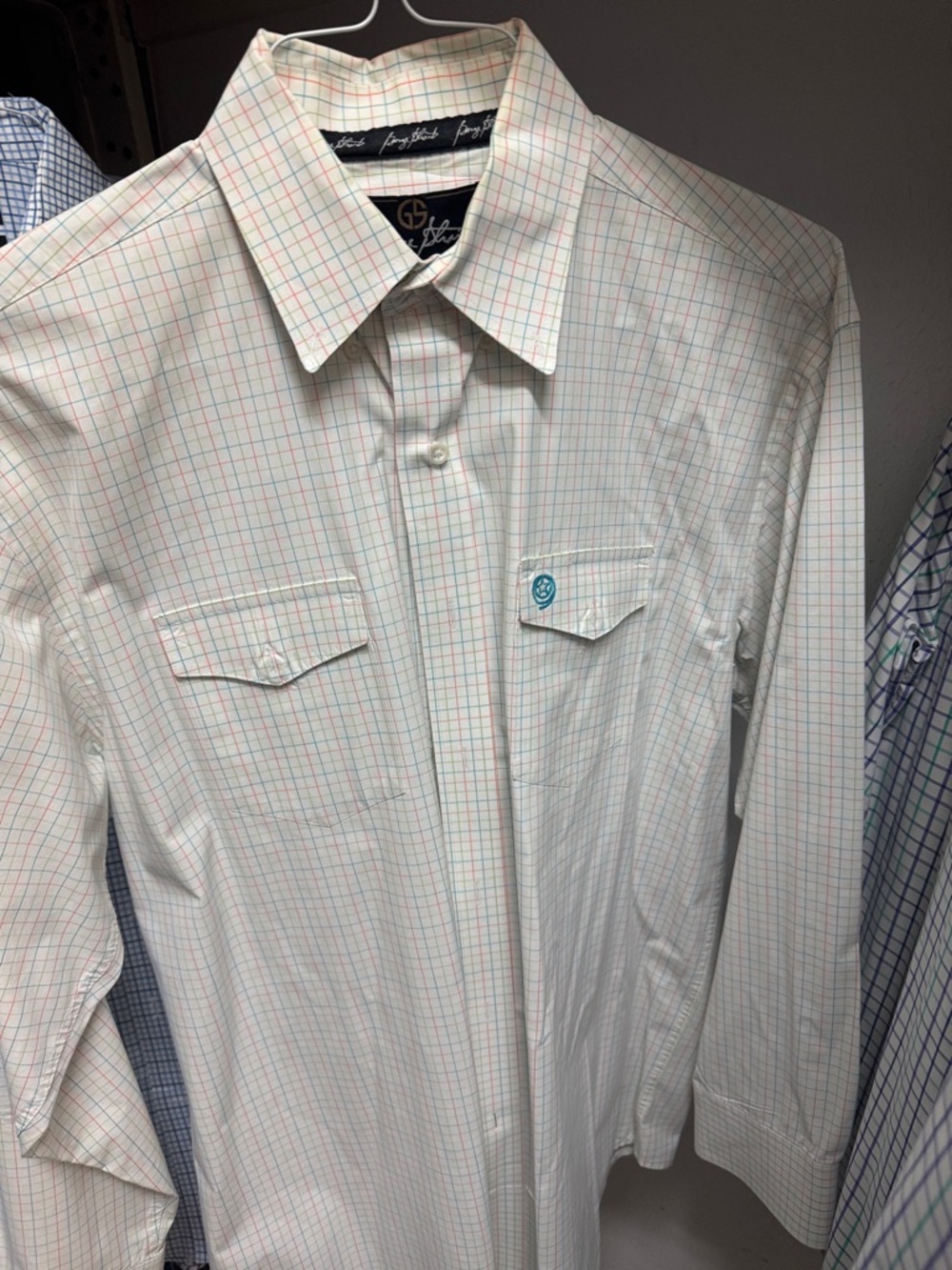 George Strait White Long-Sleeve Dress Shirt with Red & Green Windowpane